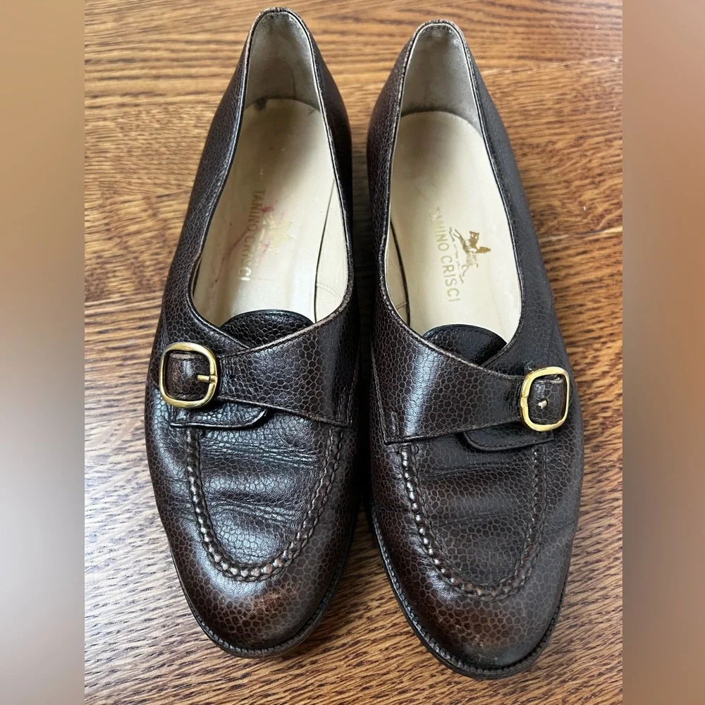 TANINO CRISCI Handmade‎ Brown Leather Loafers Buckle Luxury Italy Vintage 34